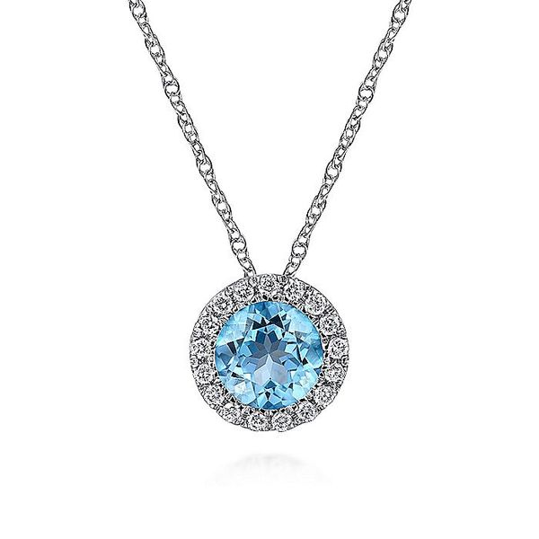 18 inch 14K White Gold Round Swiss Blue Topaz and Diamond Halo Necklace Carroll / Ochs Jewelers Monroe, MI