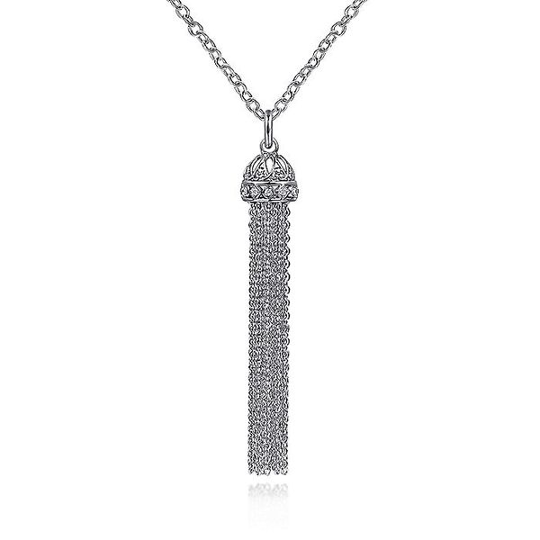 30 inch 925 Sterling Silver Chain Tassel Necklace with White Sapphire Filigree Cap Carroll / Ochs Jewelers Monroe, MI