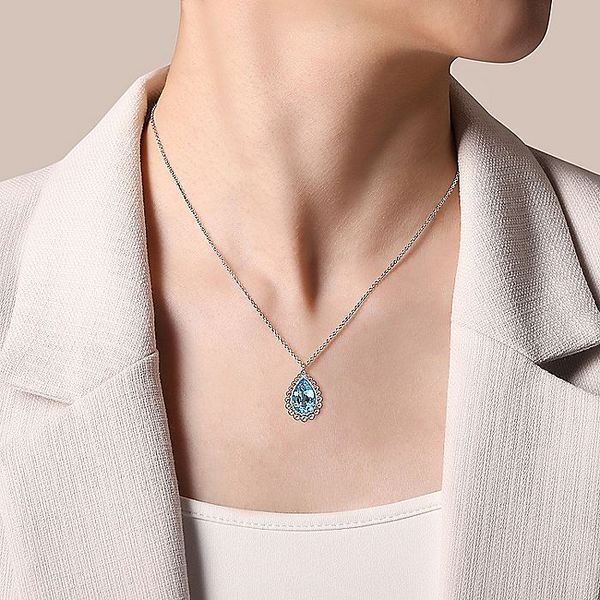 925 Sterling Silver Swiss Blue Topaz Bujukan Pear Shape Necklace With Pattern Image 2 Carroll / Ochs Jewelers Monroe, MI