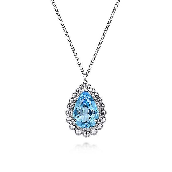 925 Sterling Silver Swiss Blue Topaz Bujukan Pear Shape Necklace With Pattern Carroll / Ochs Jewelers Monroe, MI