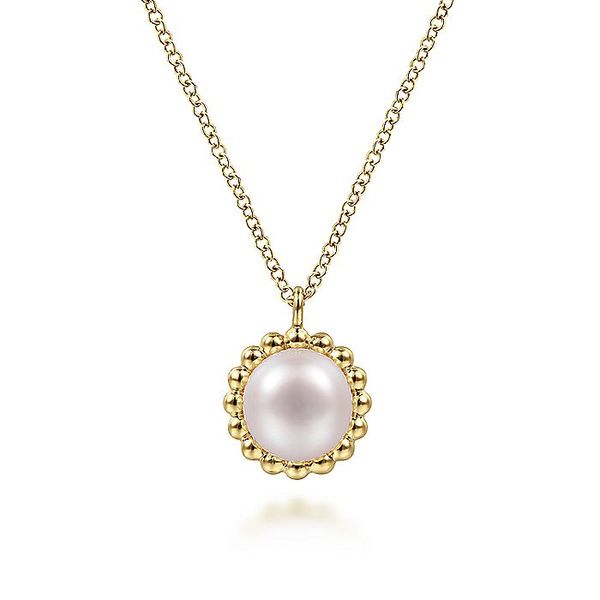 14K Yellow Gold Round Pearl Pendant Necklace with Bujukan Beaded Frame Carroll / Ochs Jewelers Monroe, MI