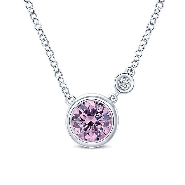 925 Sterling Silver Round Bezel Set Pink Created Zircon and Diamond Pendant Necklace Carroll / Ochs Jewelers Monroe, MI