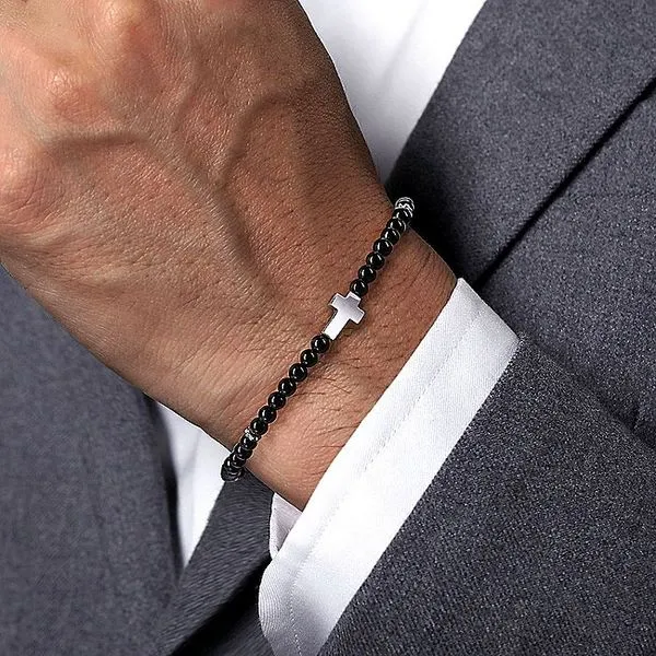 925 Sterling Silver Cross Bracelet with Onyx Beads