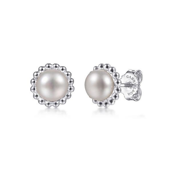925 Sterling Silver Plated Pearl with Beaded Frame Stud Earrings Carroll / Ochs Jewelers Monroe, MI