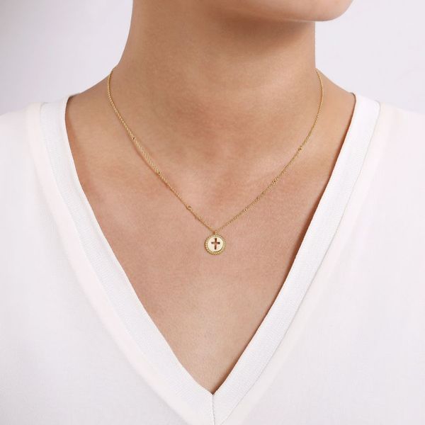 14K Yellow Gold Round Cutout Cross Pendant Necklace with Bujukan Bead Frame Image 3 Carroll / Ochs Jewelers Monroe, MI