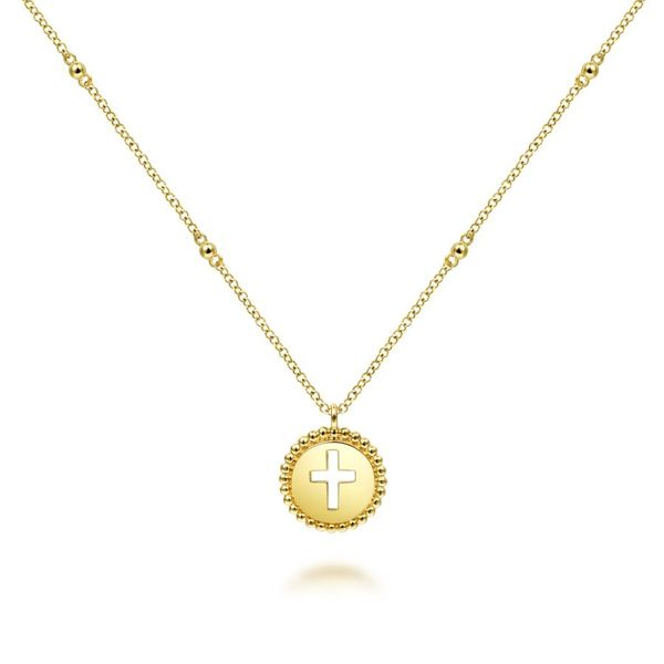 14K Yellow Gold Round Cutout Cross Pendant Necklace with Bujukan Bead Frame Image 2 Carroll / Ochs Jewelers Monroe, MI