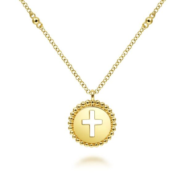 14K Yellow Gold Round Cutout Cross Pendant Necklace with Bujukan Bead Frame Carroll / Ochs Jewelers Monroe, MI