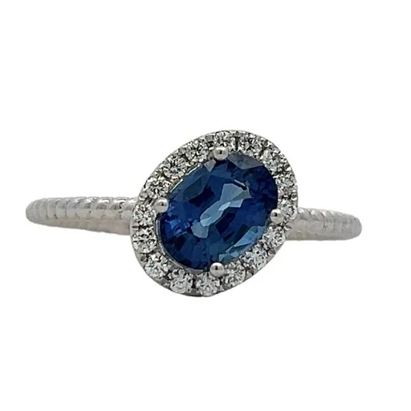 SLANTED HALO RING WITH ROPE BAND AND HT SAPPHIRE AND DIAMOND Cellini Design Jewelers Orange, CT