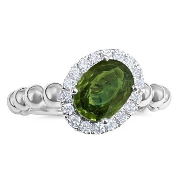 SLANTED HALO RING WITH BALL BAND AND HT GREEN SAPPHIRE AND DIAMOND Cellini Design Jewelers Orange, CT