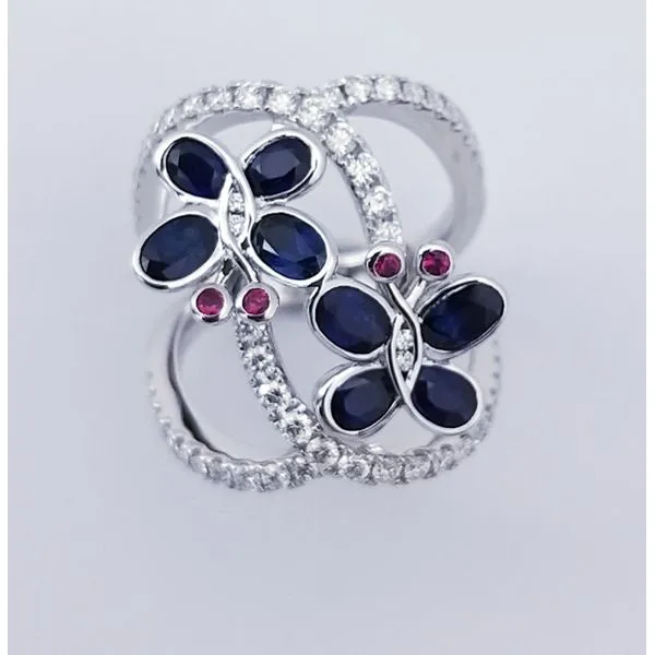 SAPPHIRE, RUBY AND DIAMOND BUTTERFLY RING Cellini Design Jewelers Orange, CT