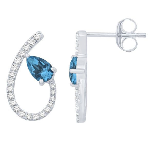 TEAR DROP EARRINGS WITH DIAMONDS AND  LONDON BLUE TOPAZ. Cellini Design Jewelers Orange, CT