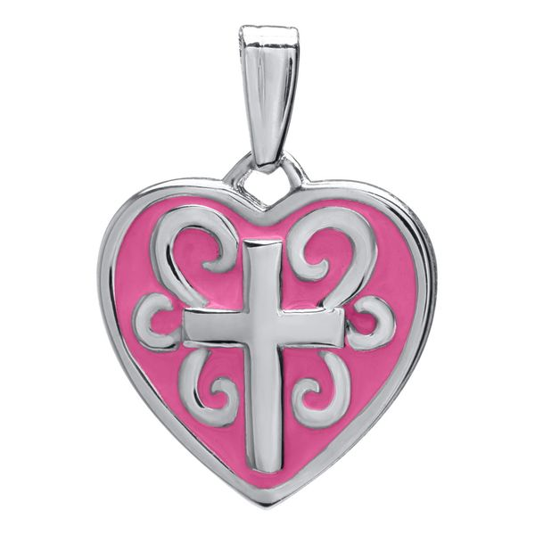 SS CHILDREN'S PINK HEART WITH CROSS PENDANT Cellini Design Jewelers Orange, CT