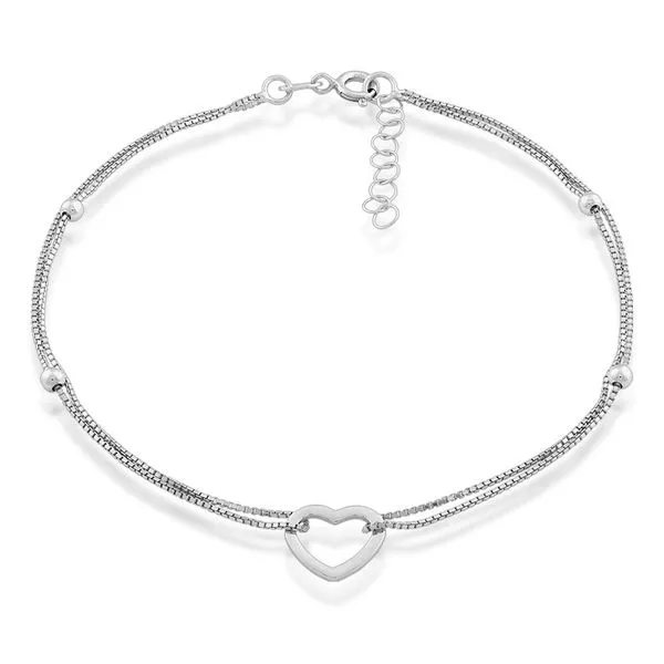 STERLING SILVER DOUBLE STRAND BROUGHT BACK TOGETHER WITH OPEN HEART ANKLET Cellini Design Jewelers Orange, CT