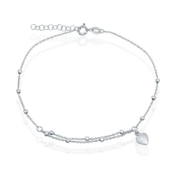 STERLING SILVER BEADS WITH HEART CHARM ANKLET Cellini Design Jewelers Orange, CT