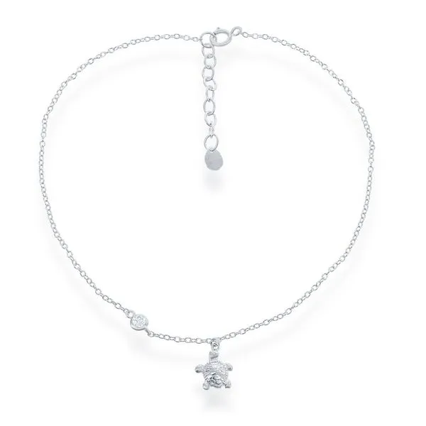 STERLING SILVER TURTLE CHARM WITH SINGLE CZ ANKLET Cellini Design Jewelers Orange, CT