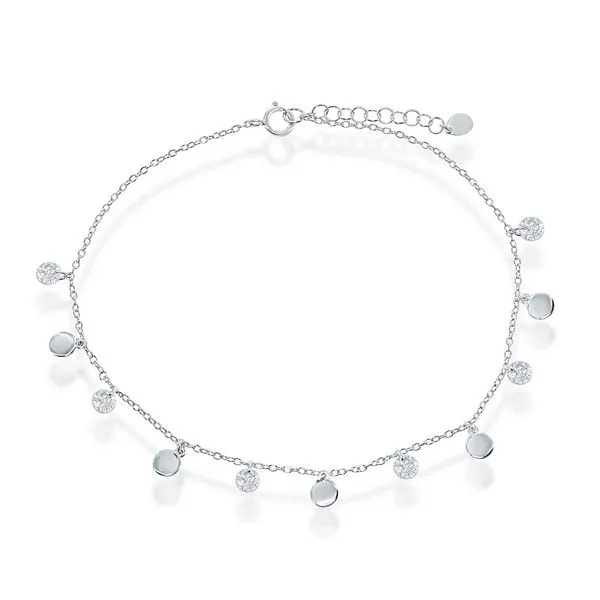 STERLING SILVER ALTERNATING CUBIC ZIRCONIA & SHINY DISC ANKLET Cellini Design Jewelers Orange, CT