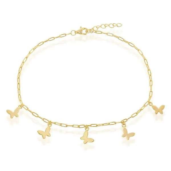 STERLING SILVER BUTTERFLY CHARMS PAPERCLIP ANKLET - GOLD PLATED Cellini Design Jewelers Orange, CT