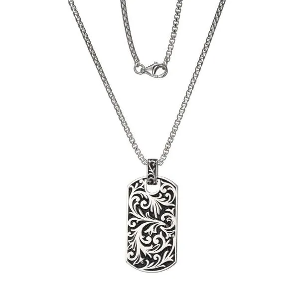 MENS SILVER CHISEL DOG TAG ON ROUND BOX CHAIN Cellini Design Jewelers Orange, CT