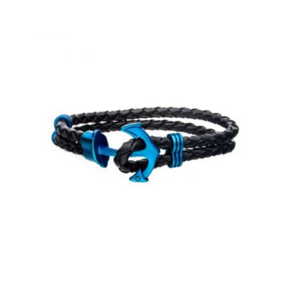 Black Leather with Blue Plated Anchor Bracelet Cellini Design Jewelers Orange, CT