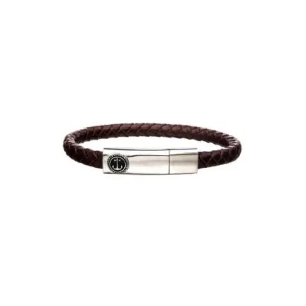 Brown Leather with Anchor in Brushed Steel Clasp Bar Bracelet Cellini Design Jewelers Orange, CT