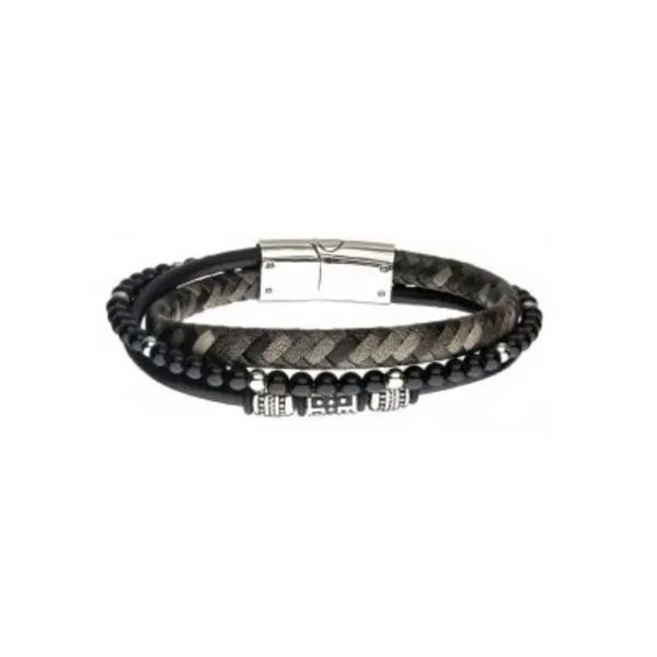 Black Onyx Beads with Black Braided Leather Layered Bracelet Cellini Design Jewelers Orange, CT