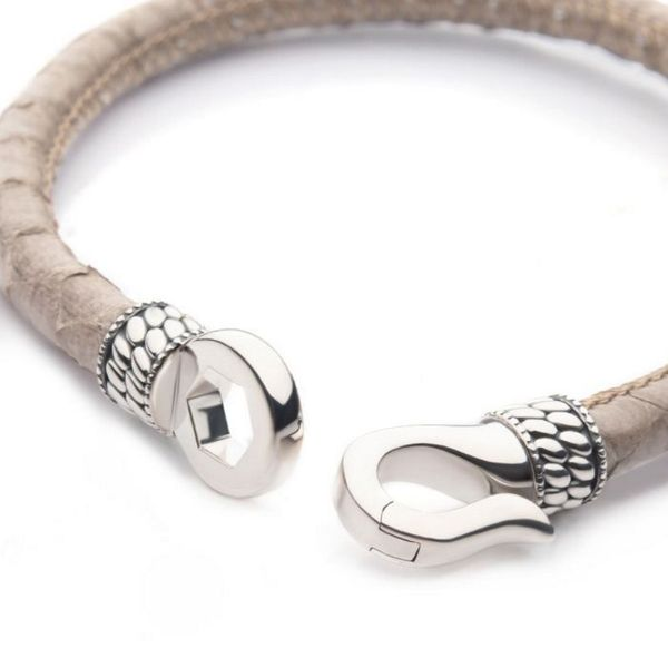 Light Tan Soft Python Snake Leather Bracelet with Hinged Polished Finish 925 Sterling Silver Clasp Image 2 Cellini Design Jewelers Orange, CT
