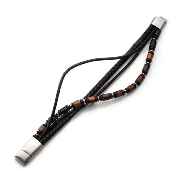 Black & Brown Full Grain Cowhide Leather with Black Onyx & Tiger's Eye Stone Bead Multi-Strand Bracelet Image 2 Cellini Design Jewelers Orange, CT