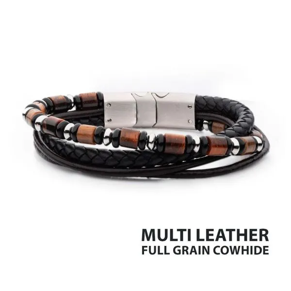 Black & Brown Full Grain Cowhide Leather with Black Onyx & Tiger's Eye Stone Bead Multi-Strand Bracelet Cellini Design Jewelers Orange, CT
