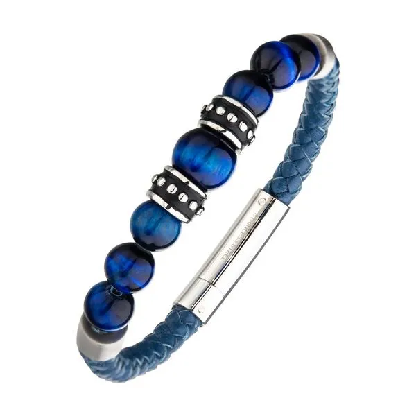 Blue Genuine Full Grain Cowhide Leather with Steel & Blue Tiger Eye Beads Bracelet Image 2 Cellini Design Jewelers Orange, CT