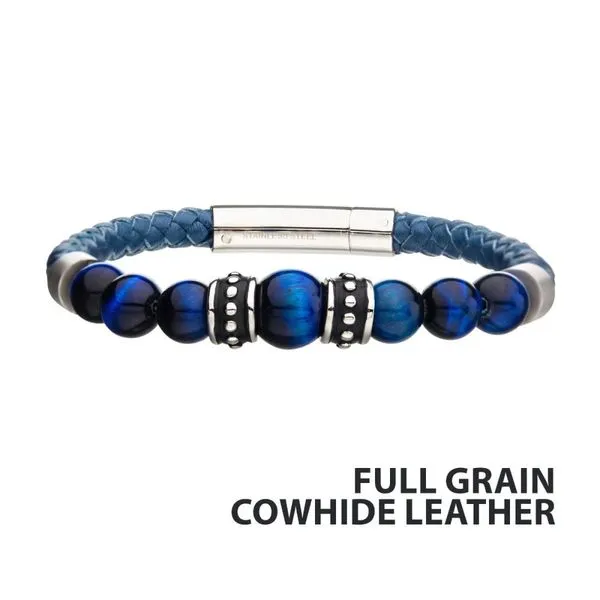 Blue Genuine Full Grain Cowhide Leather with Steel & Blue Tiger Eye Beads Bracelet Cellini Design Jewelers Orange, CT