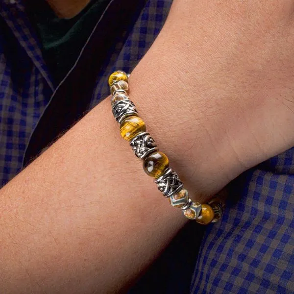 Tiger Eye & Dzi Stone with Cast Steel Bead Bracelet Image 3 Cellini Design Jewelers Orange, CT