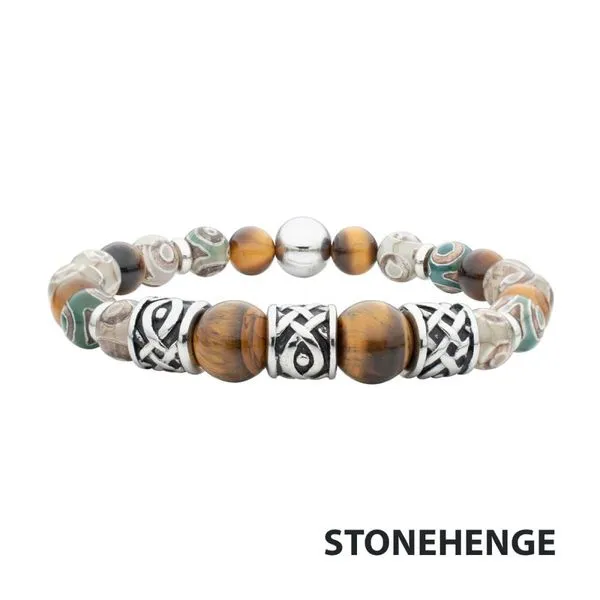 Tiger Eye & Dzi Stone with Cast Steel Bead Bracelet Cellini Design Jewelers Orange, CT