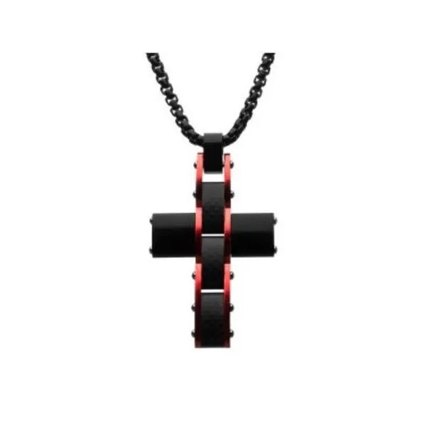 Dante - Black and Red Matte Carbon Fiber Cross Pendant with Round Box Chain Cellini Design Jewelers Orange, CT