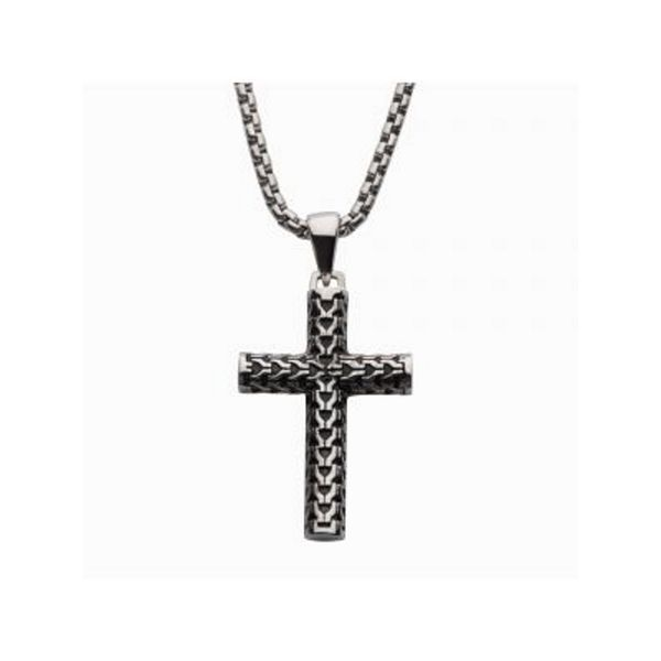 Steel Scale Cross Drop Pendant with Bold Box Chain Cellini Design Jewelers Orange, CT