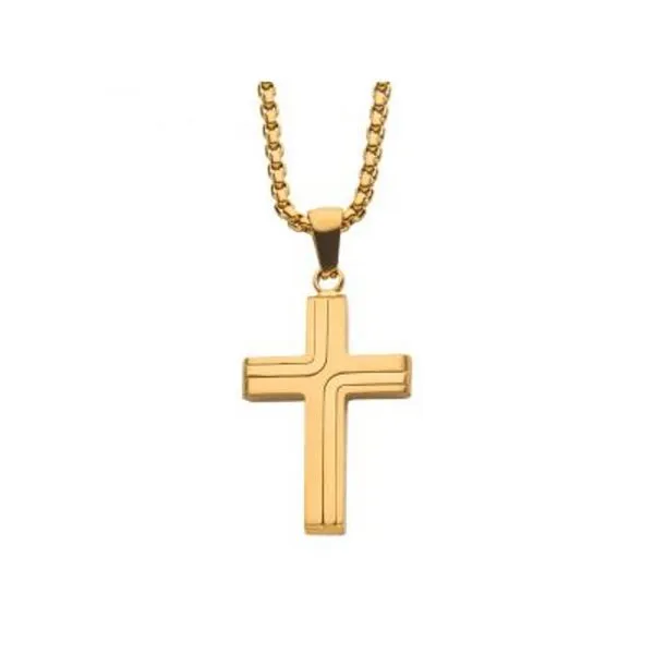 18K Gold IP Cross Drop Pendant with Round Box Chain Cellini Design Jewelers Orange, CT