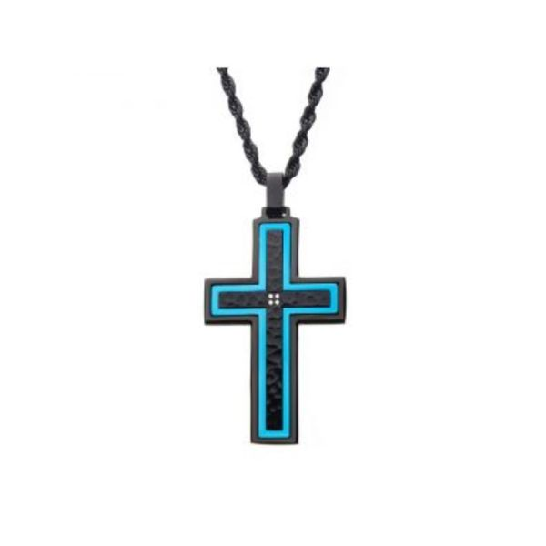 Hammered Blue Line Cross with CZ Stainless Steel Pendant Cellini Design Jewelers Orange, CT