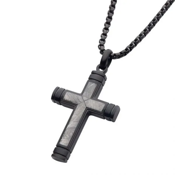Meteorite Inlay Cross Pendant with Black IP Box Chain Image 2 Cellini Design Jewelers Orange, CT