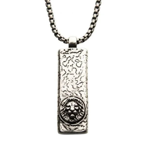 Stainless Steel Silver Plated Dog Tag Pendant with Lion Head Inlay, with Steel Box Chain Cellini Design Jewelers Orange, CT