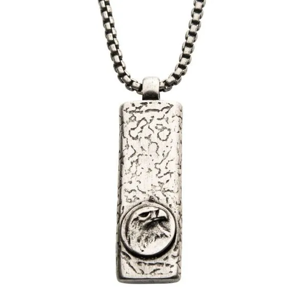 Stainless Steel Silver Plated Dog Tag Pendant with Eagle Head Inlay, with Steel Box Chain Cellini Design Jewelers Orange, CT