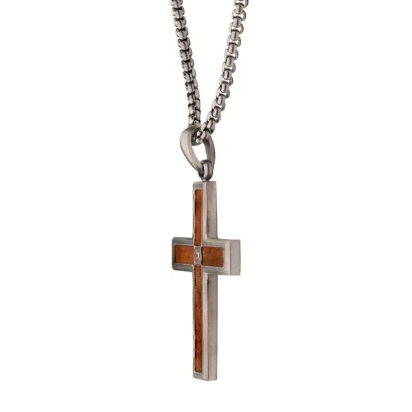 Gun Metal IP Steel Matte Finish Whiskey Barrel Wood Inlay with Lab-Grown Diamond Cross Pendant Image 3 Cellini Design Jewelers Orange, CT