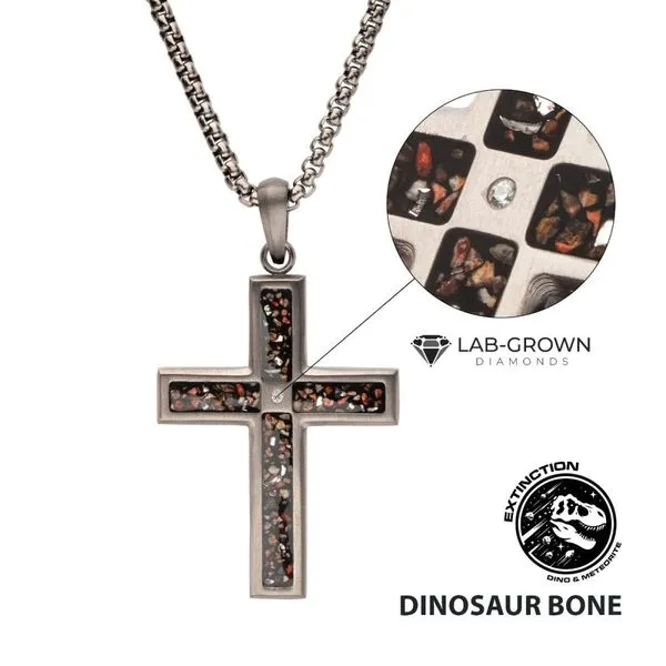 Gun Metal IP Steel Matte Finish Black Dinosaur Bone Inlay with Lab-Grown Diamond Cross Pendant Cellini Design Jewelers Orange, CT