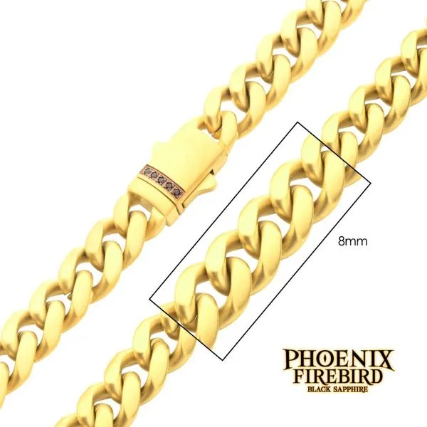 8mm 18Kt Gold IP Steel Matte Finish Miami Cuban Chain Necklace Genuine Black Sapphire Cellini Design Jewelers Orange, CT
