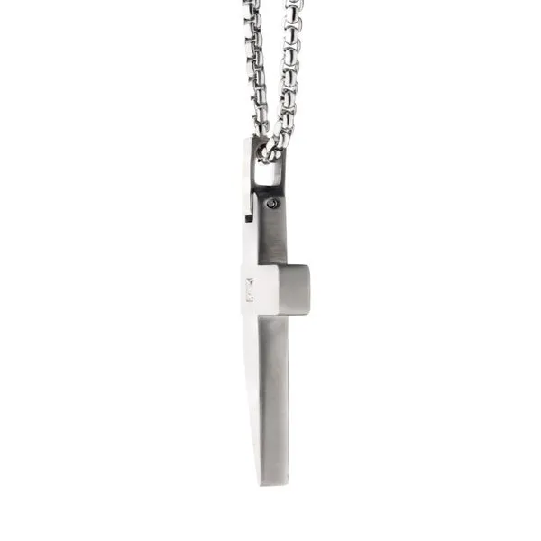 Stainless Steel Lab-Grown Diamond Matte Finish Beveled Cross Pendant Image 3 Cellini Design Jewelers Orange, CT