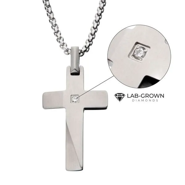 Stainless Steel Lab-Grown Diamond Matte Finish Beveled Cross Pendant Cellini Design Jewelers Orange, CT