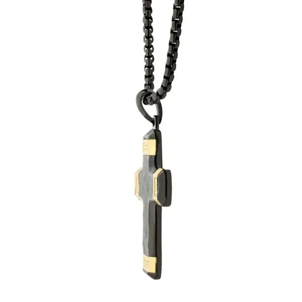 Matte Finish Black IP Carved Steel Small Cross Pendant with 18Kt Gold IP accents & Lab-Grown Diamonds Image 3 Cellini Design Jewelers Orange, CT