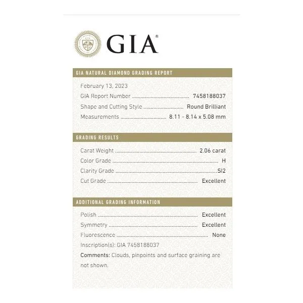 2.06 carat natural round brilliant cut diamond Charles Frederick Jewelers Chelmsford, MA