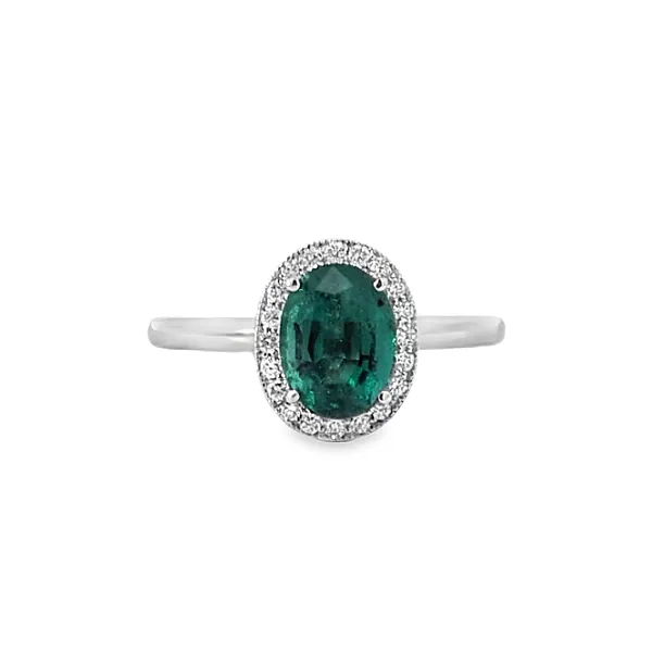 14kw Emerald and Diamond Halo Ring Charles Frederick Jewelers Chelmsford, MA