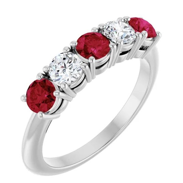 14K White Gold 5 Stone 3.8 mm Round Anniversary Band Mounting with alternating Lab Grown Ruby and Lab Grown Diamond Charles Frederick Jewelers Chelmsford, MA