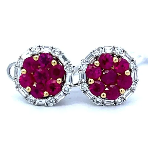 18K 2 Tone Ruby & Baguette & Round Diamond Earrings Charles Frederick Jewelers Chelmsford, MA