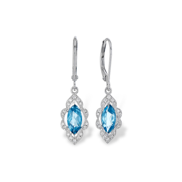 14KW 1.02ct Blue Topaz and 1.17ctw Diamond Lever Back Earrings Charles Frederick Jewelers Chelmsford, MA
